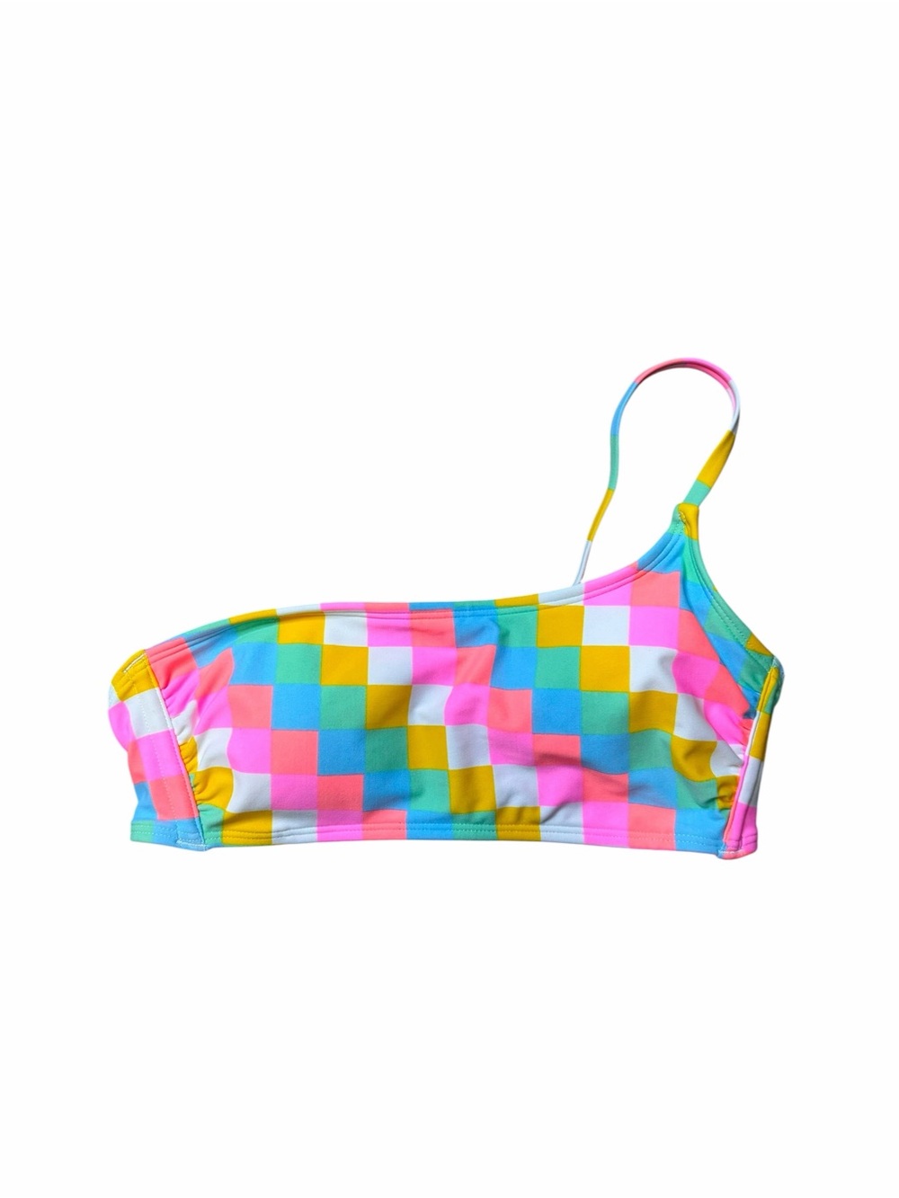Xhilaration Girls One-Shoulder Checkered Bikini Top in Pink, Blue & Yellow